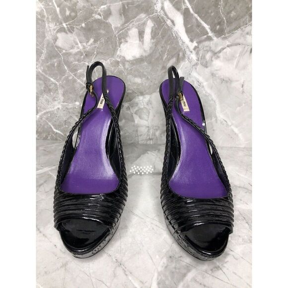 MIU MIU Black Patent Leather Peep Ankle Strap Platform Stiletto Heels Women 38.5 - Picture 2 of 16
